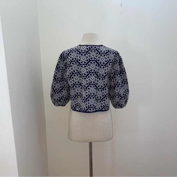 Maeve Anthropologie Navy Embroidery Floral Cropped Draped Shrug Jacket One Size - Picture 4 of 16